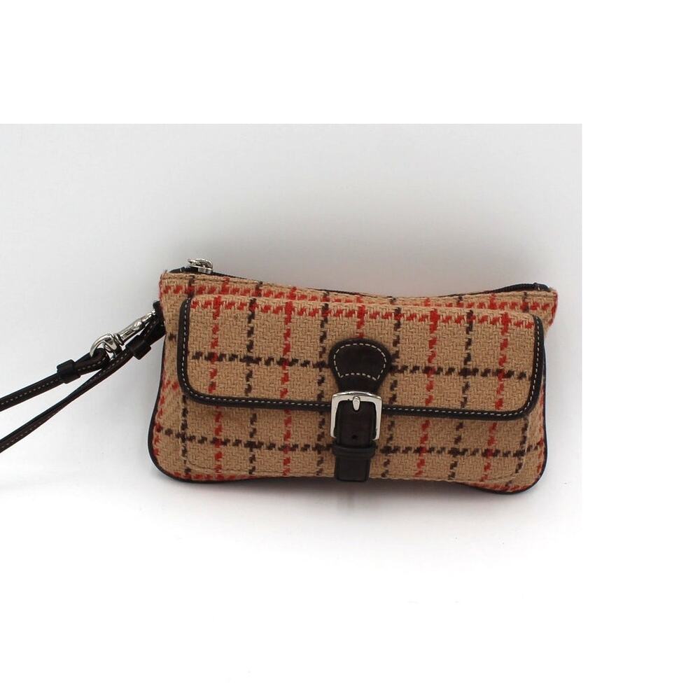 Coach Wool Tweed Wristlet Tan Red Brown Plaid Leather Trim Buckle Zip Pouch